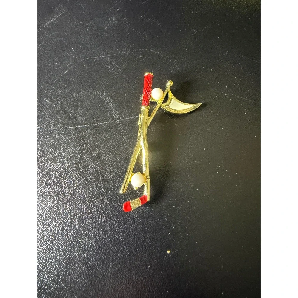 Vintage Gerrys Gold Tone Golf Clubs Balls Brooch Red Enamel Faux Pearl Novelty